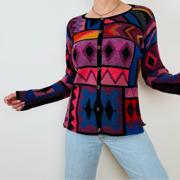 Emoda 100% Alpaca cardigan sweater geometric print - Picture 3 of 8